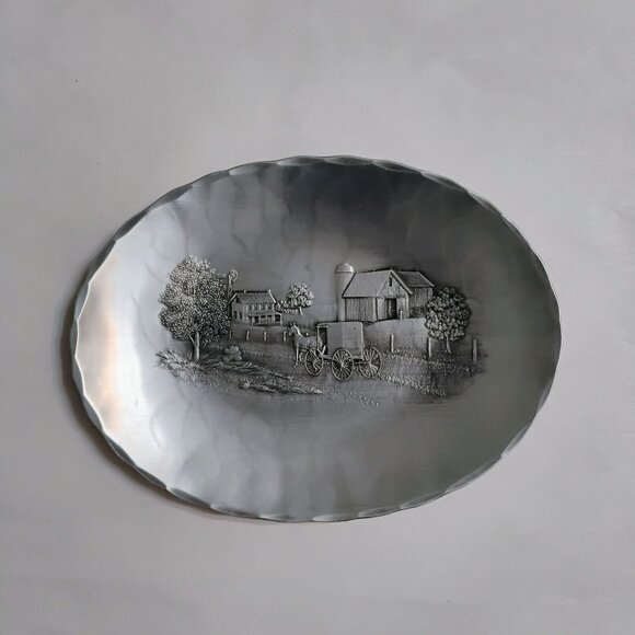 Wendell August Forge Oval Aluminum Trinket Dish, Barn Scene Amish Wagon, Vintage - Picture 1 of 7